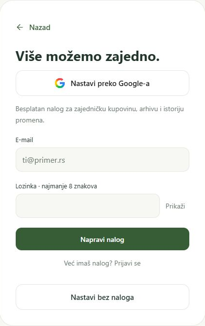 Ekran za registraciju: e-mail, lozinka i opcija za nastavak bez naloga